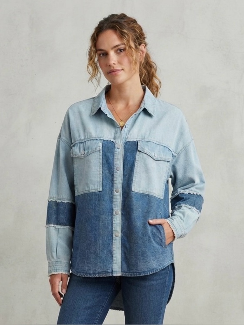 New POL Two-Tone Denim Shirt Jacket in Light Blue & Medium Blue Size Medium